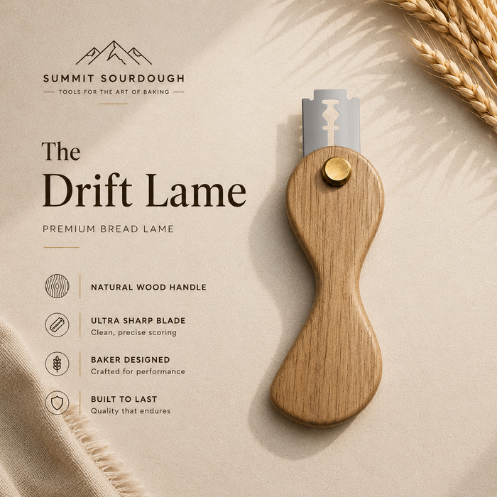Premium handcrafted sourdough bread loaf with detailed artisan scoring created using the Drift bread lame made in Canada.