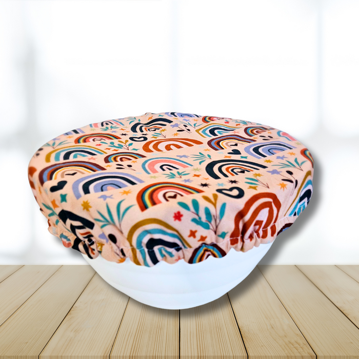 Bright rainbow print reusable bowl cover—perfect for eco-conscious sourdough bakers and KitchenAid mixers.