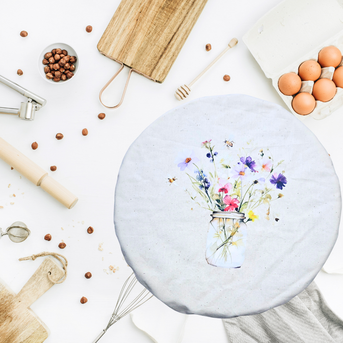 Reusable sourdough bowl cover with bees and flowers—eco-friendly cover fits bannetons and mixer bowls.