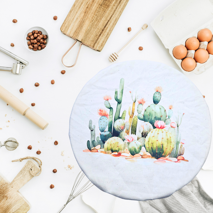 Eco-friendly reusable bowl and banneton cover with cactus print—perfect for sourdough baking or KitchenAid mixer bowls.