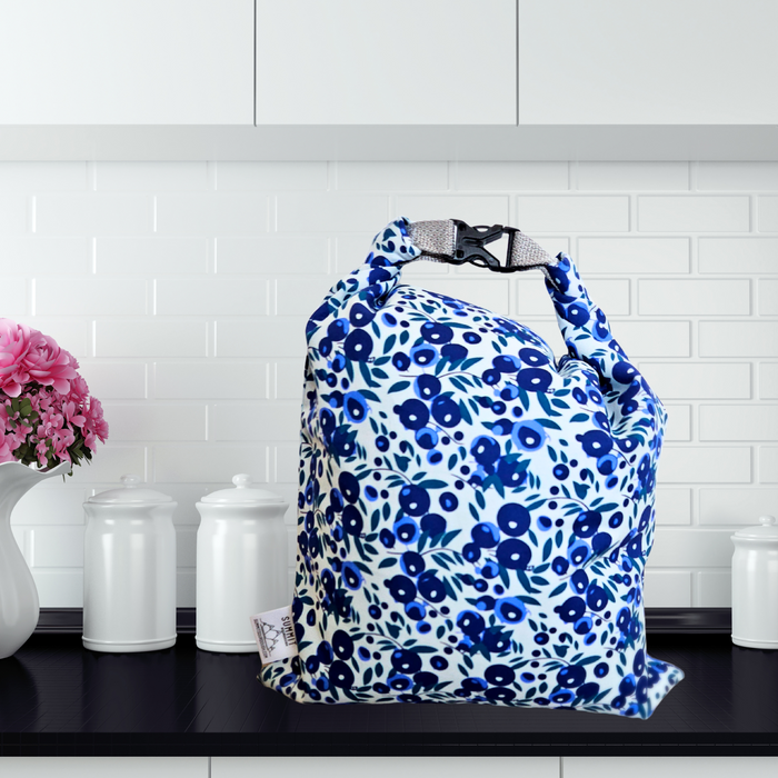 Reusable eco-friendly bread bag with blueberry print—perfect for storing sourdough, buns, or loaves sustainably.