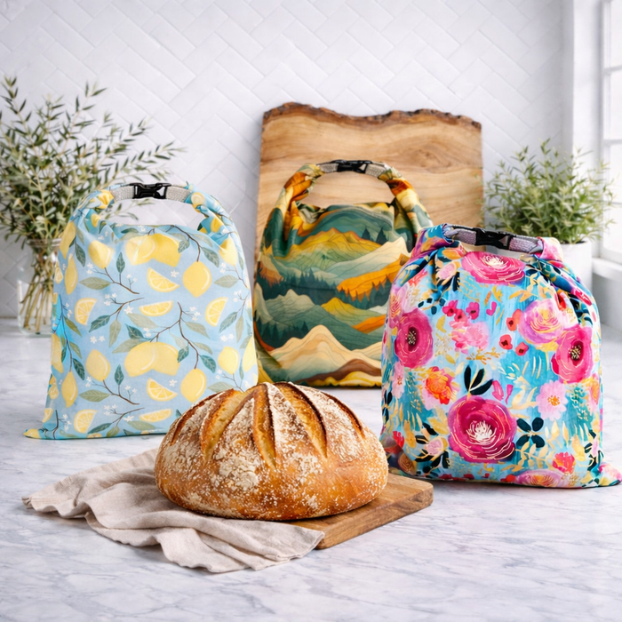 Reusable lined bread bag for sourdough bread, bagels and buns.  Made in Canada.
