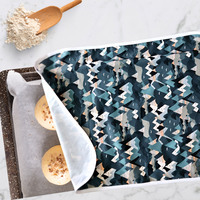 Reusable XL proofing cover with scenic mountain print, ideal for sourdough baking and nature lovers.