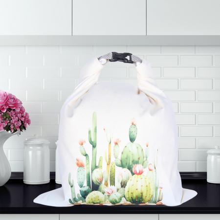 Eco-friendly reusable bread bag with cactus print—perfect for storing sourdough, bagels, and buns.