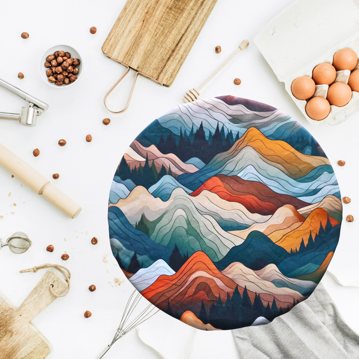Rocky Mountains print reusable sourdough bowl cover extra large size in earthy neutral tones, fits oval brotforms and large KitchenAid mixer bowls for proofing dough
