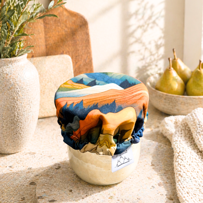 rocky mountains Reusable sourdough jar cover with mountain landscape pattern on starter jar