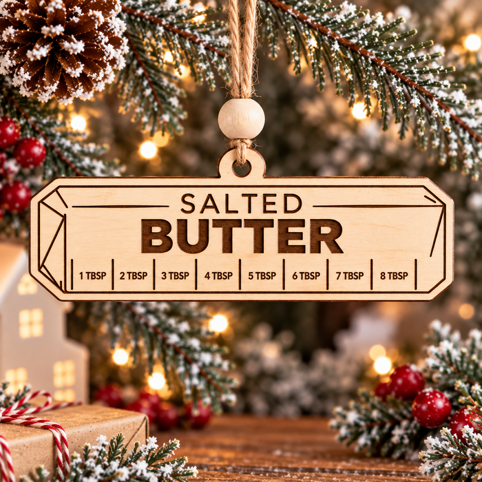 Natural wood salted butter Christmas ornament with engraved tablespoon measurement markings