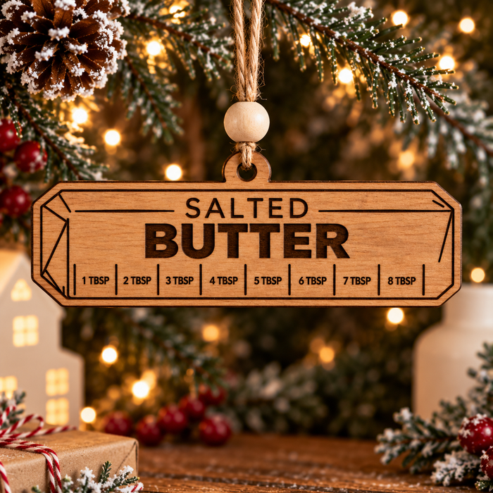 Stained wood butter stick Christmas ornament with tablespoon measurements for bakers and food lovers