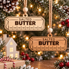 Salted butter wooden Christmas ornament shown in natural and stained wood finishes