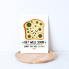 Sorry You Feel Crumby sourdough get well card featuring a cute sick bread character with a funny bread pun.  Perfect for bakers and more.
