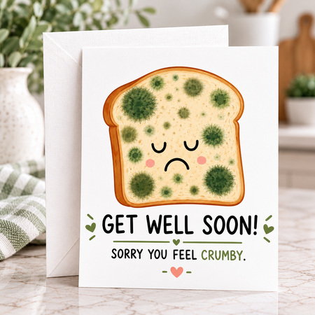 Sorry You Feel Crumby sourdough get well card featuring a cute sick bread character with a funny bread pun