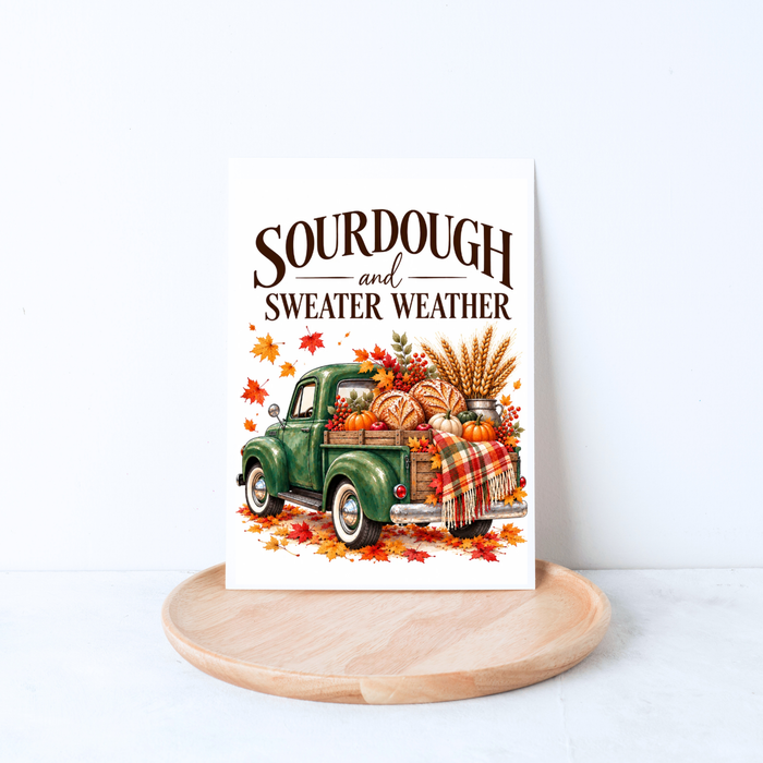 Sourdough and Sweater Weather fall greeting card featuring a whimsical autumn harvest truck for sourdough bakers and bread lovers.  Thanksgiving greeting card for bread bakers.