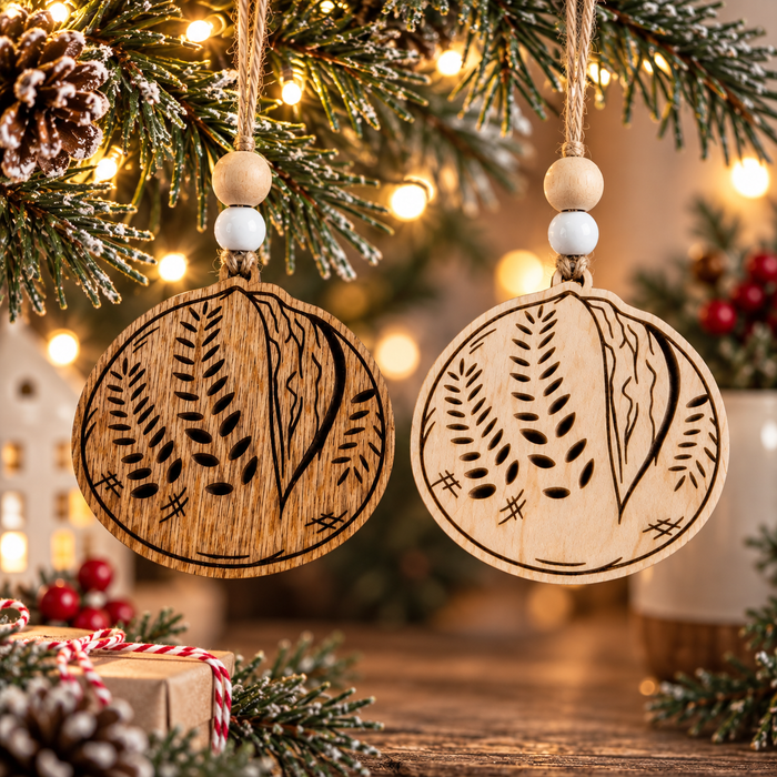 Two laser-engraved wooden sourdough bread Christmas ornaments in light and dark wood, featuring decorative wheat scoring and hanging from festive evergreen branches.