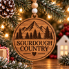 Sourdough Country wooden Christmas ornament shown in natural and stained wood finishes gift for sourdough bread bakers and country lovers