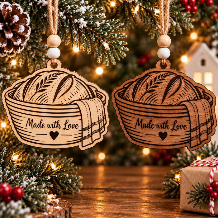 Made with Love sourdough Christmas ornament shown in natural and stained wood finishes