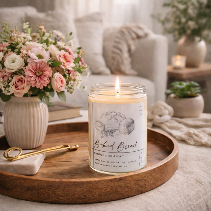 Soy candle handmade in Alberta that smells like sourdough bread and butter.