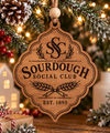 Stained wood Sourdough  Bread Social Club ornament with vintage wheat details and EST 1895 engraving