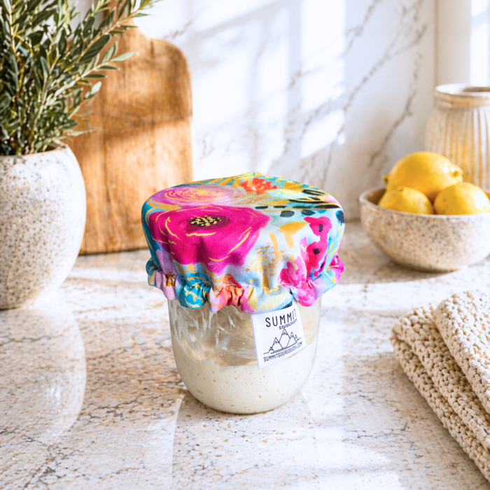gold peony garden Reusable sourdough jar cover with dark floral pattern on glass starter jar