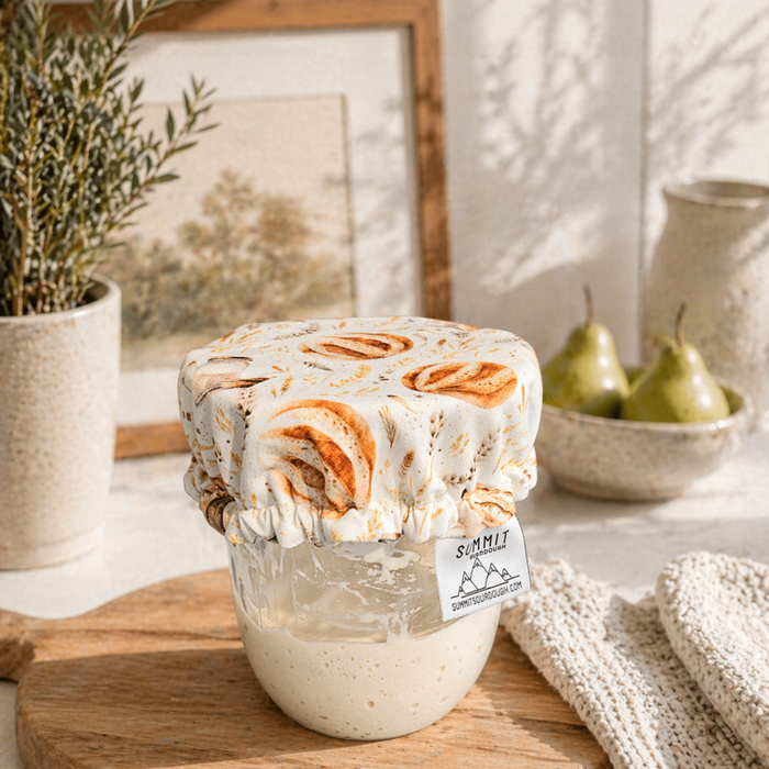 Reusable sourdough jar cover with bread pattern on sourdough starter jar