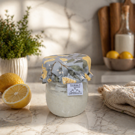 Reusable sourdough jar cover with lemon print on a glass starter jar in a bright kitchen
