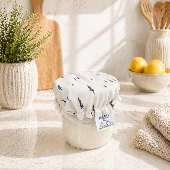 winter pine Reusable sourdough jar cover with minimal tree pattern on glass starter jar