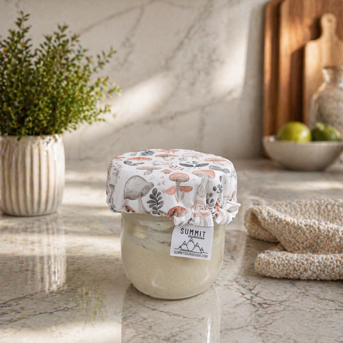 Reusable sourdough jar cover with neutral mushroom pattern on glass starter jar