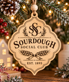 Natural wood Sourdough Social Club Christmas ornament with vintage SSC crest and wheat design