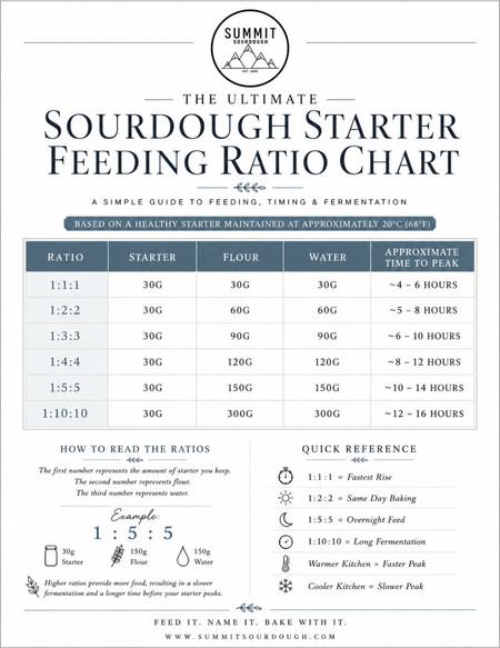 Free printable sourdough starter feeding ratio chart showing 1:1:1, 1:2:2, 1:3:3, 1:4:4, 1:5:5, and 1:10:10 feeding ratios with rise and peak times for sourdough starter maintenance.