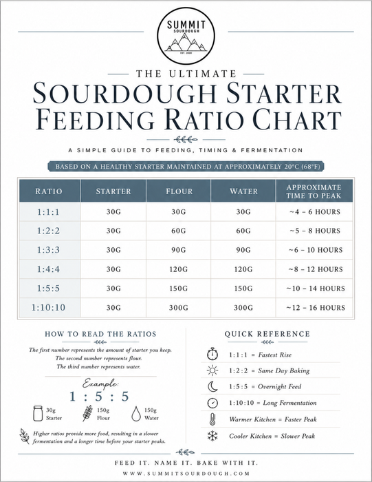 Free printable sourdough starter feeding ratio chart showing 1:1:1, 1:2:2, 1:3:3, 1:4:4, 1:5:5, and 1:10:10 feeding ratios with rise and peak times for sourdough starter maintenance.