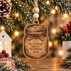 Dark wood sourdough starter Christmas ornament featuring a laser-engraved mason jar design and the words My Sourdough Starter's 1st Christmas 2026, hanging from twine with wooden beads.