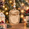 Light wood sourdough starter Christmas ornament shaped like a mason jar, laser engraved with My Sourdough Starter's 1st Christmas 2026, hanging from a festive evergreen branch.