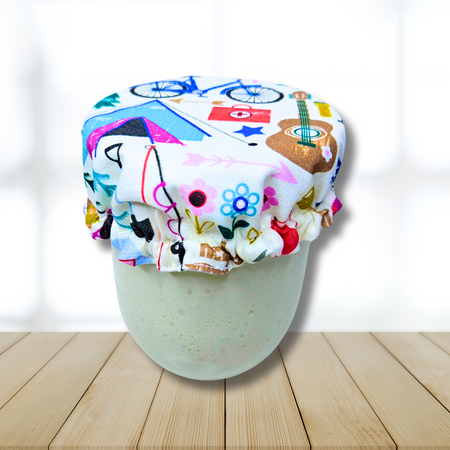 Camping-themed reusable jar cover for sourdough starter