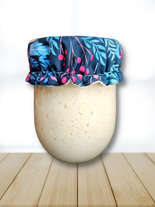 Reusable cloth cover on a sourdough starter jar