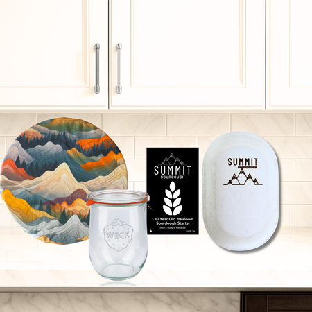 Premium Sourdough Starter Bread Baking Set with Oval Brotform and Rocky Mountains Print Bowl Cover