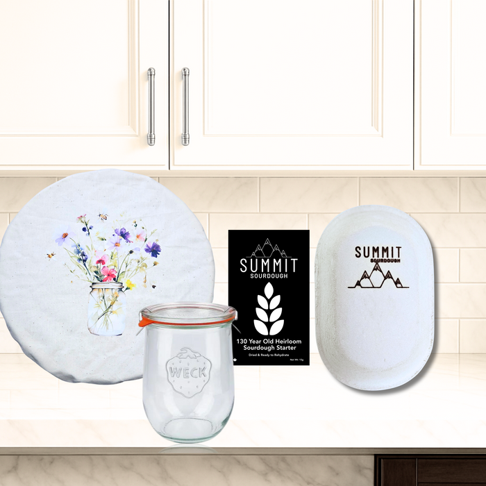 Sourdough  Starter Tools Baking Kit with a Bee Garden Print Bowl Cover and Oval Brotform