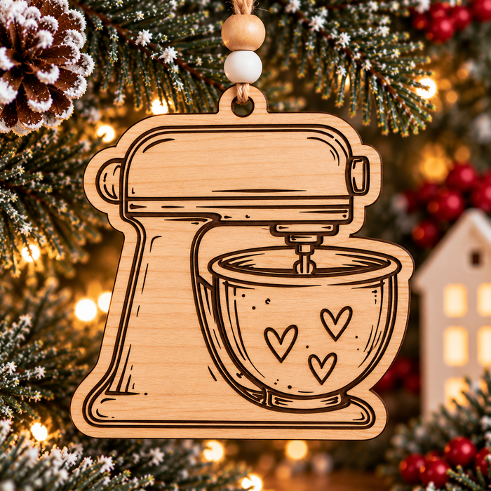 Natural wood stand mixer Christmas ornament for KitchenAid mixer lovers, bakers and sourdough enthusiasts and artisan bread bakers.