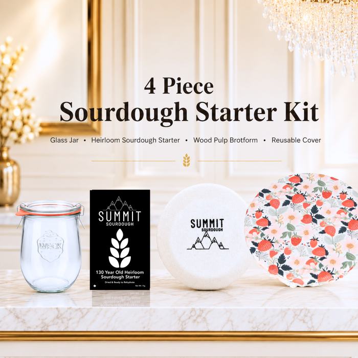 Round boule sourdough starter kit in the Strawberry Fields print featuring a reusable bowl cover, banneton basket, and dehydrated starter.