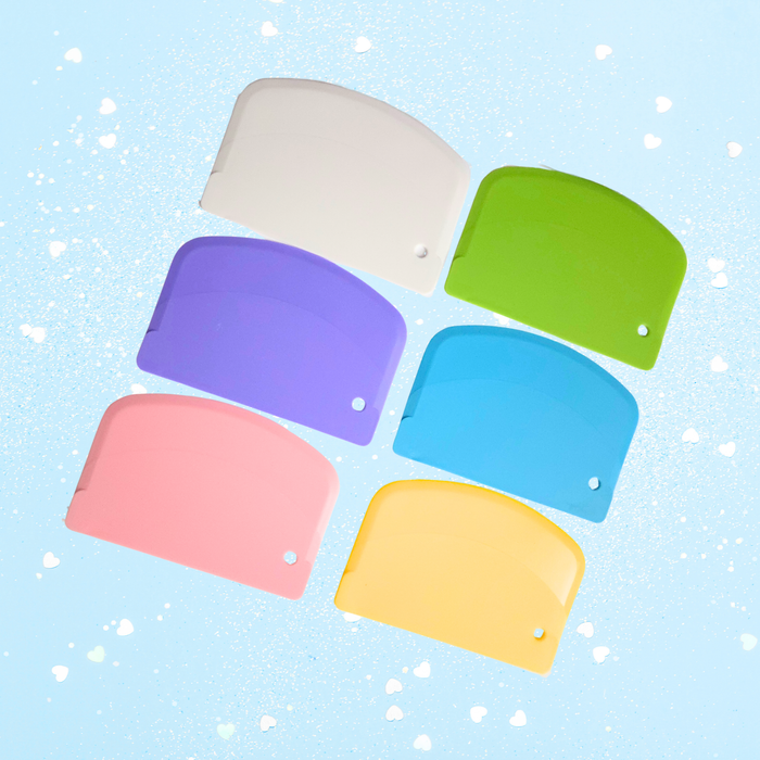 Single sourdough dough scraper bench scraper available in six colours, shown on a light blue background.