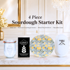 Limoncello 4 piece sourdough starter kit by Summit Sourdough featuring a glass jar, heirloom sourdough starter, reusable oval brotform cover, and oval  batard wood pulp banneton brotform