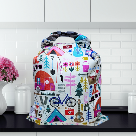 Eco-friendly reusable bread bag with camping print—perfect for storing sourdough, bagels, and buns. Freezer safe.