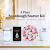 Strawberry Fields 4 piece sourdough starter kit by Summit Sourdough featuring a glass jar, heirloom sourdough starter, reusable oval brotform cover, and oval wood pulp banneton.