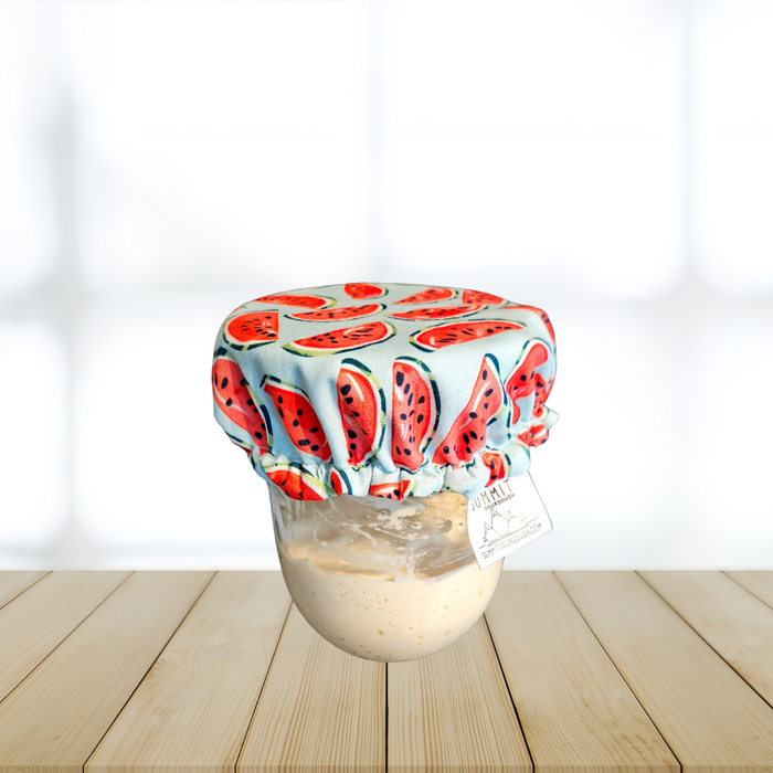 Reusable watermelon fabric jar cover for sourdough starter
