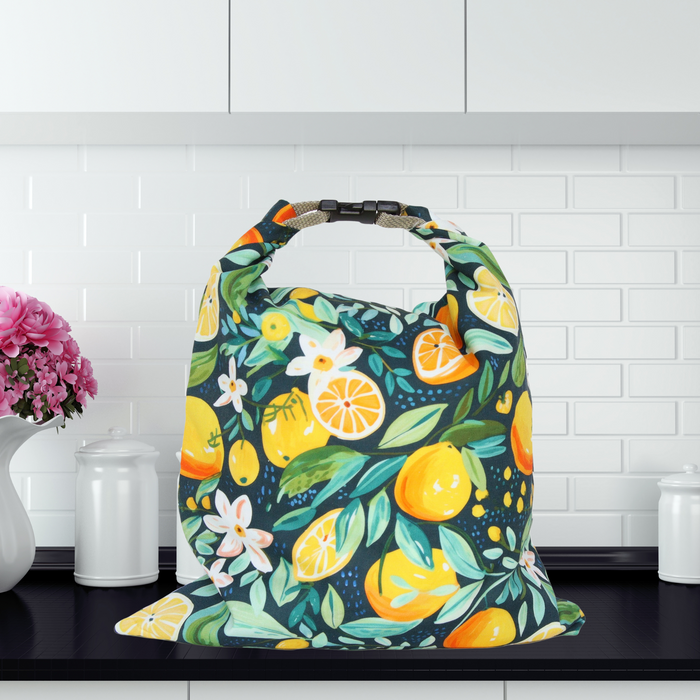 Citrus print eco bread bag—reusable and breathable for storing sourdough bread or buns.