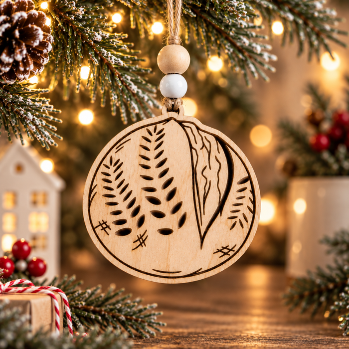 Light natural wood sourdough boule Christmas ornament with laser-engraved wheat stalks and artisan bread scoring, hanging from a Christmas tree with warm lights.