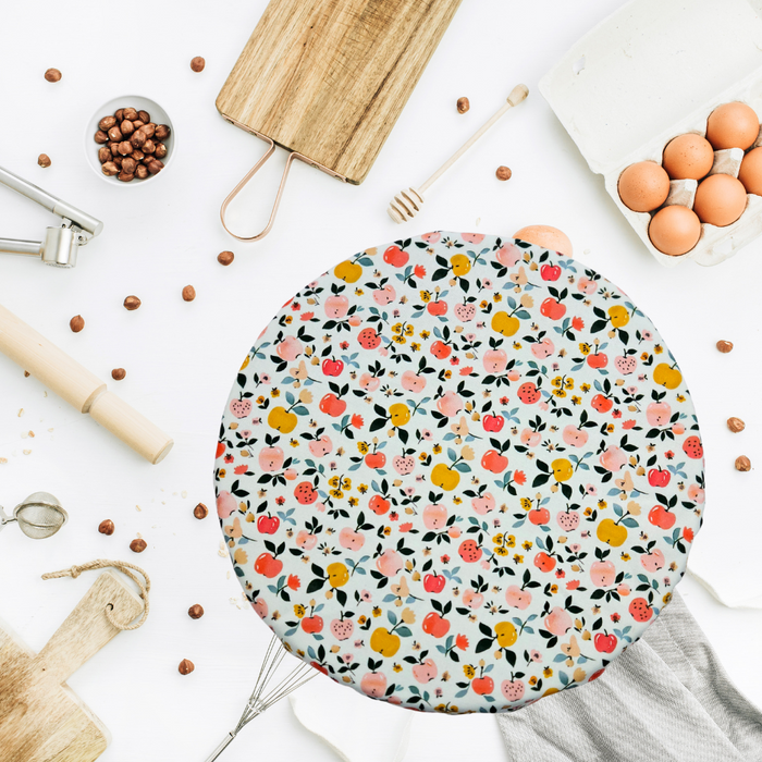 XL reusable bowl cover with apple print—eco-friendly cover for large mixing bowls, bannetons, and bread baking.