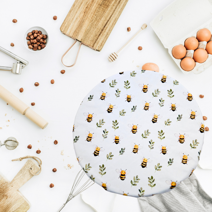 Reusable XL dough cover with bee print—perfect for large sourdough bowls, brotforms, and zero-waste baking routines.