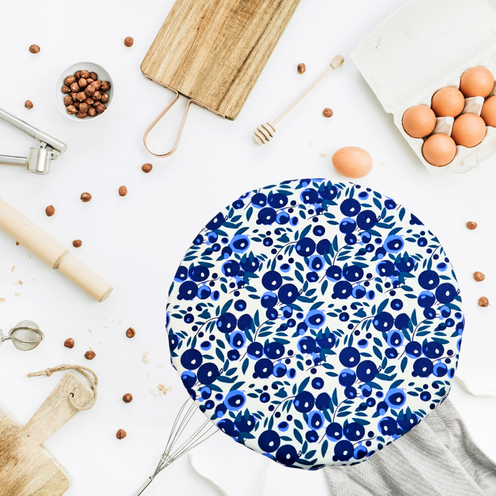 Extra-large reusable blueberry print bowl cover—perfect for banneton proofing, brotforms, and sustainable sourdough baking, made in Canada.