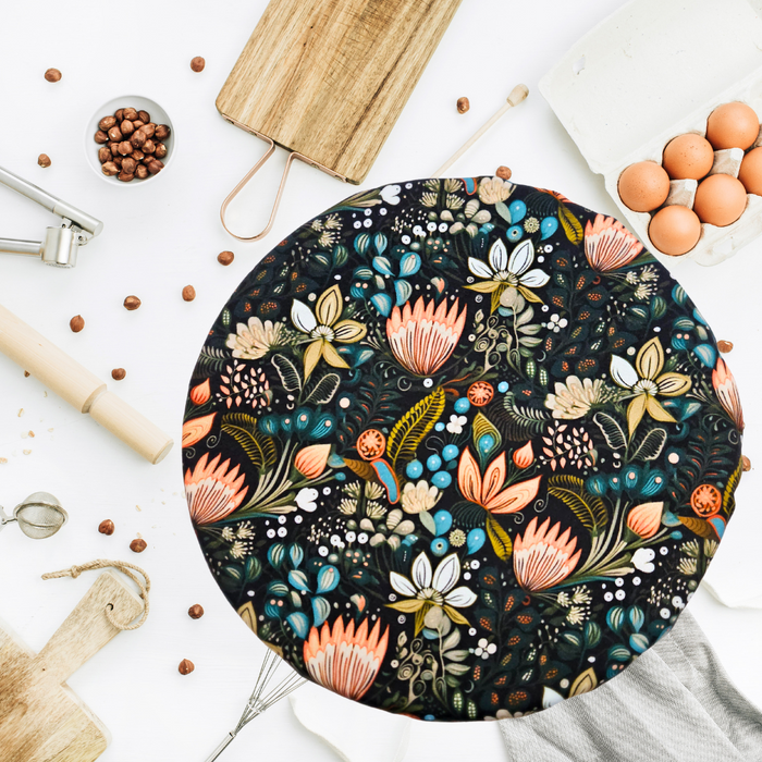 Boho floral XL cover for sourdough baking—eco-friendly and reusable brotform or banneton cover for artisan bread.