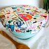 Extra large reusable and eco-friendly bread proofing cover with camping trailer print—fits oval bannetons and mixing bowls.