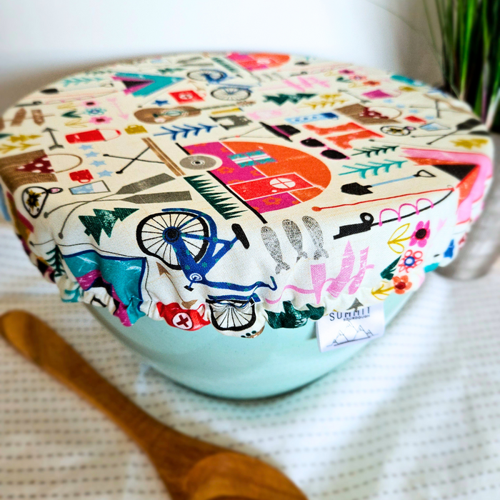 Extra large reusable and eco-friendly bread proofing cover with camping trailer print—fits oval bannetons and mixing bowls.